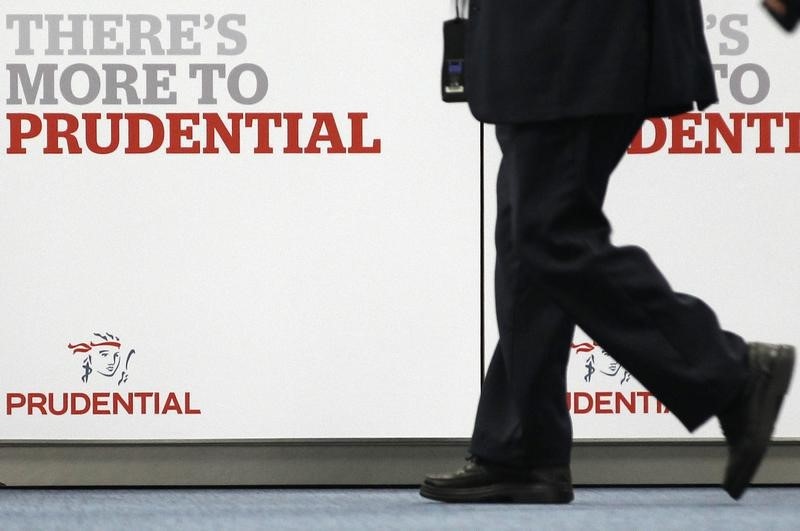 © Reuters. A man walks past a Prudential sign outside offices in the City of London