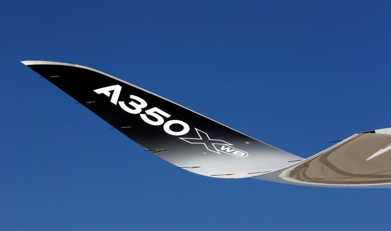 © Reuters. FILE PHOTO: The nose of an Airbus A380 is seen outside the factory of Stelia Aerospace in Meaulte