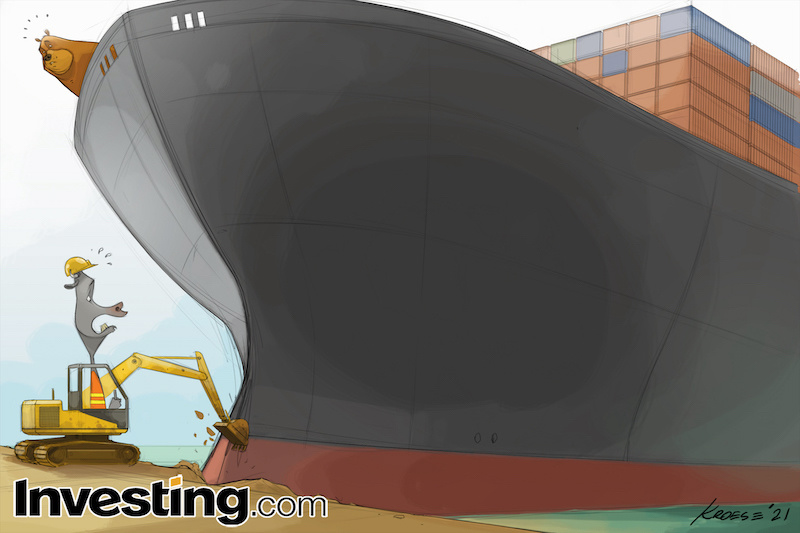 &copy; Investing.com Illustration : Le blocage de Suez sera-t-il la goutte d'eau qui fait déborder le vase de la mondialisation ?