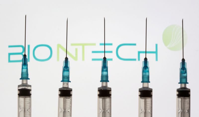 &copy; Reuters. FILE PHOTO: Syringes are seen in front of a displayed Biontech logo in this illustration taken November 10, 2020. REUTERS/Dado Ruvic/Illustration/File Photo