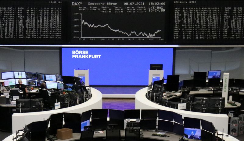 © Reuters. FILE PHOTO:  The German share price index DAX graph is pictured at the stock exchange in Frankfurt, Germany, July 8, 2021.    REUTERS/Staff/File photo
