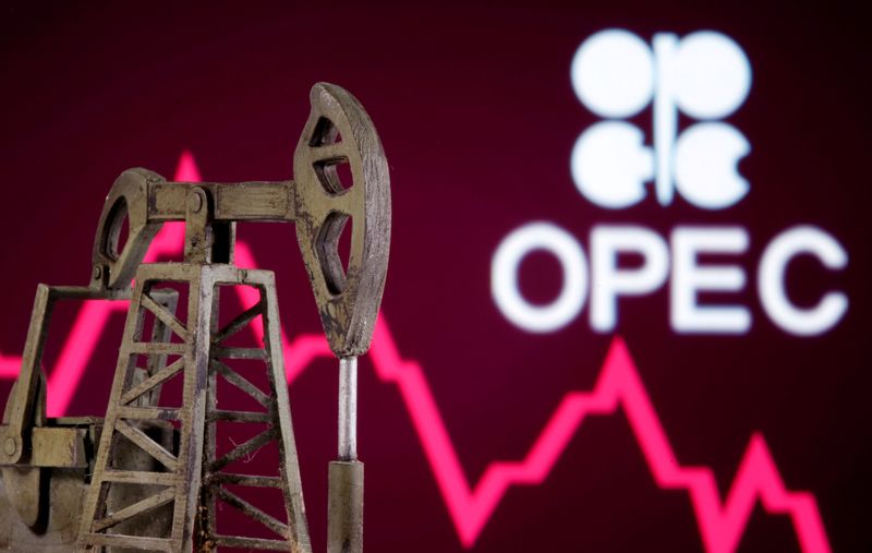 &copy; Reuters. A 3D printed oil pump jack is seen in front of displayed stock graph and Opec logo in this illustration picture, April 14, 2020. REUTERS/Dado Ruvic/Illustration