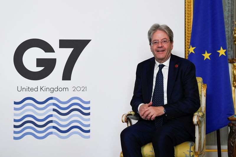 &copy; Reuters. EU's Economy Commissioner Paolo Gentiloni poses as finance ministers from across the G7 nations meet at Lancaster House in London, Britain June 5, 2021 ahead of the G7 leaders' summit. Alberto Pezzali/Pool via REUTERS