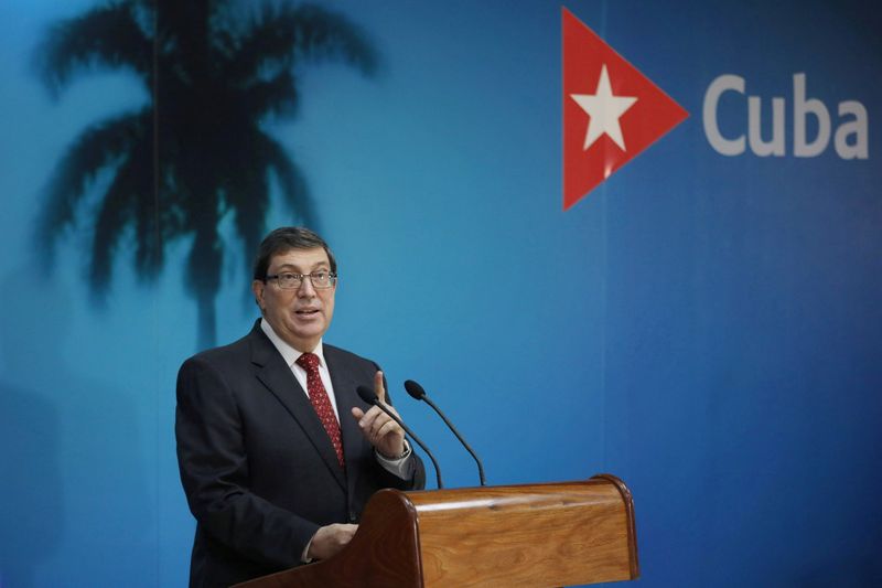 &copy; Reuters. FOTO DE ARQUIVO: Ministro das Relações Exteriores de Cuba, Bruno Rodríguez, fala durante coletiva de imprensa em Havana, Cuba
22/10/2020 REUTERS/Alexandre Meneghini/Pool/File Photo