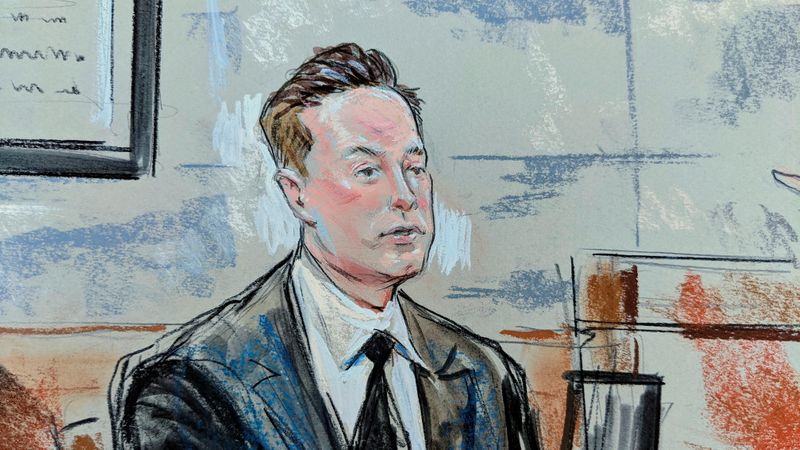 © Reuters. Ilustração de Elon Musk, da Tesla, durante depoimento à Justiça em Wilmington, Delaware (EUA) 
12/07/2021
REUTERS/Bill Hennessy