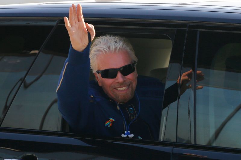 &copy; Reuters. FILE PHOTO: Billionaire entrepreneur Richard Branson departs with his crew prior to boarding, for travel to the edge of space in Virgin Galactic's passenger rocket plane VSS Unity, near Truth or Consequences, New Mexico, U.S., July 11, 2021. REUTERS/Joe S