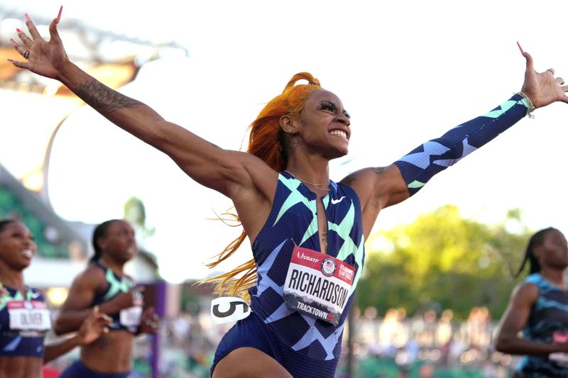 &copy; Reuters. FILE PHOTO: Jun 19, 2021; Eugene, OR, USA; Sha'Carri Richardson celebrates after winning the women's 100m in 10.86 during the US Olympic Team Trials at Hayward Field. Mandatory Credit: Kirby Lee-USA TODAY Sports     /File Photo