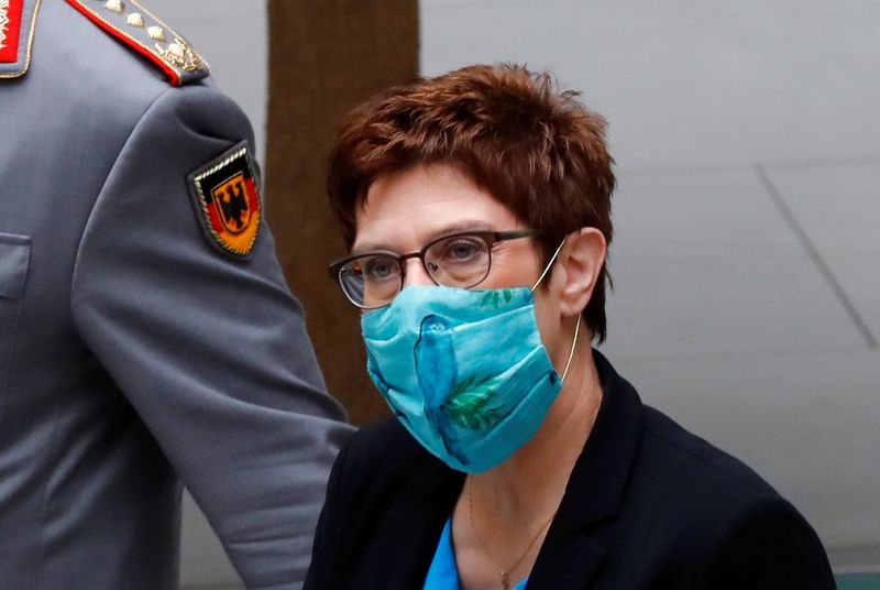 &copy; Reuters. FILE PHOTO: German Defence Minister Annegret Kramp-Karrenbauer arrives to attend a news conference with Eberhard Zorn, Inspector General of the Bundeswehr (not pictured), on Germany's Special Forces Command (KSK) in Berlin, Germany July 1, 2020. REUTERS/F