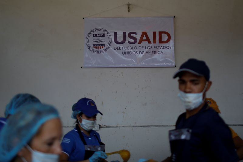 &copy; Reuters. FILE PHOTO: The logo of USAID is seen at a community kitchen set-up by them and the World Food Programme in Cucuta, Colombia February 7, 2019. REUTERS/Marco Bello/File Photo