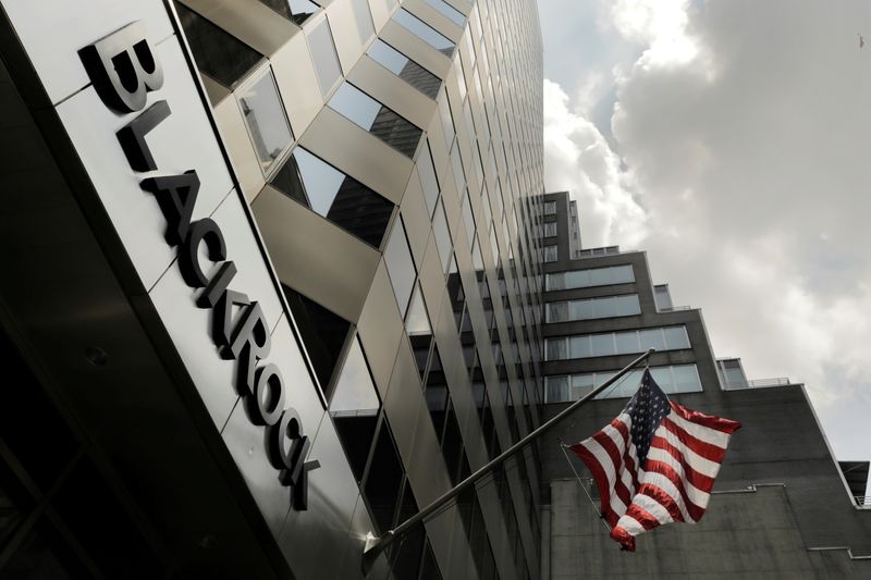 © Reuters. FILE PHOTO: A sign for BlackRock Inc hangs above their building in New York U.S., July 16, 2018. REUTERS/Lucas Jackson/File Photo
