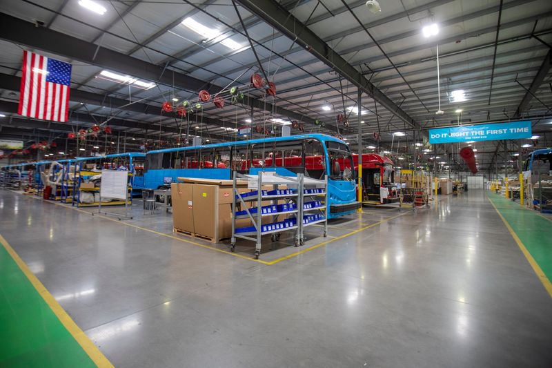 &copy; Reuters. Buses are shown being built at the BYD electric bus factory in Lancaster, California, U.S., July 1, 2021. Picture taken July 1, 2021.   REUTERS/Mike Blake
