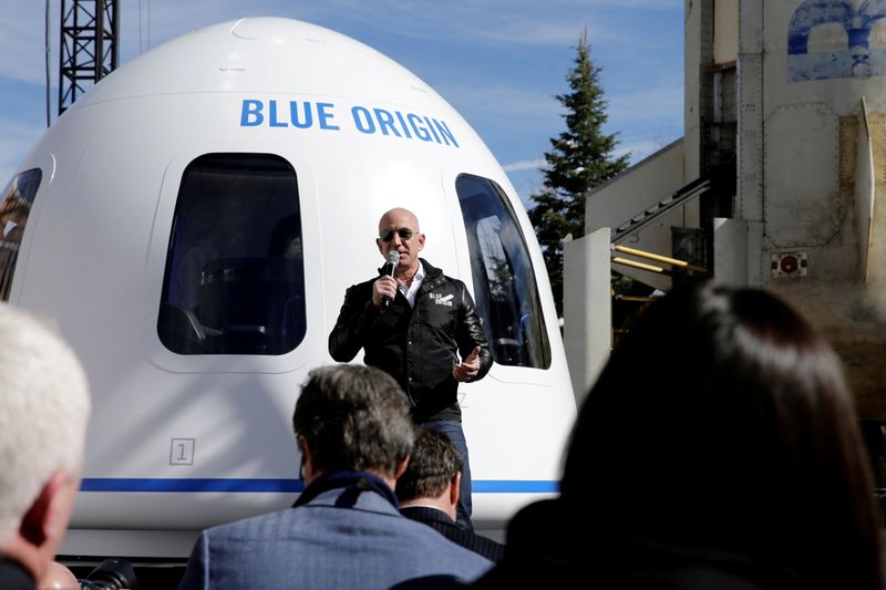 &copy; Reuters. FILE PHOTO: Amazon and Blue Origin founder Jeff Bezos addresses the media about the New Shepard rocket booster and Crew Capsule mockup at the 33rd Space Symposium in Colorado Springs, Colorado, United States April 5, 2017. REUTERS/Isaiah J. Downing/File P