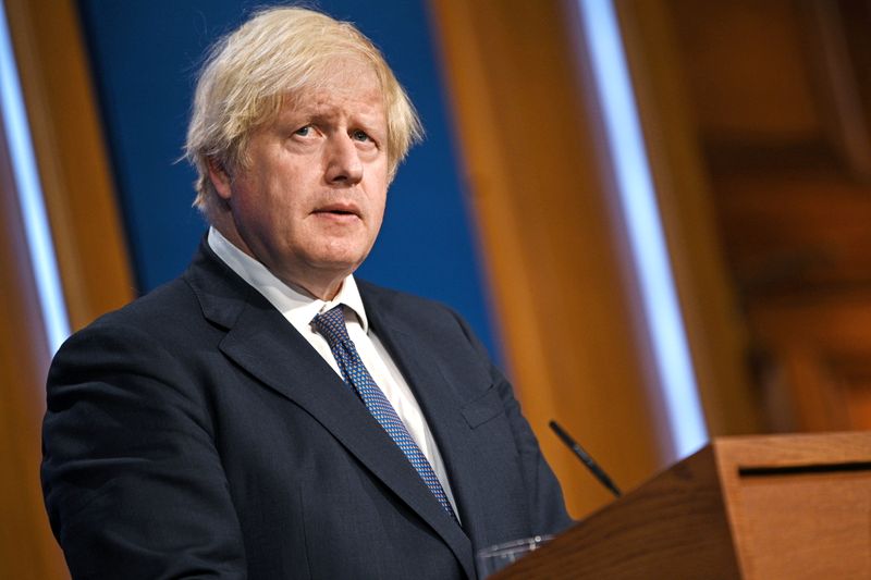 &copy; Reuters. FILE PHOTO: Britain's Prime Minister Boris Johnson looks on at a news conference inside the Downing Street Briefing Room in London, Britain July 12, 2021. Daniel Leal-Olivas/Pool via REUTERS/File Photo