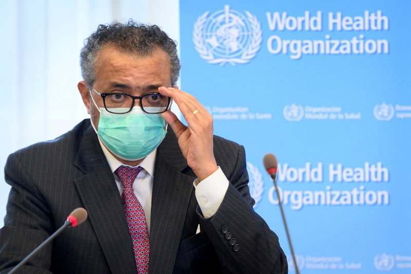 &copy; Reuters. FILE PHOTO: World Health Organization (WHO) Director General Tedros Adhanom Ghebreyesus speaks during a bilateral meeting with Swiss Interior and Health Minister Alain Berset on the sidelines of the opening of the 74th World Health Assembly at the WHO hea