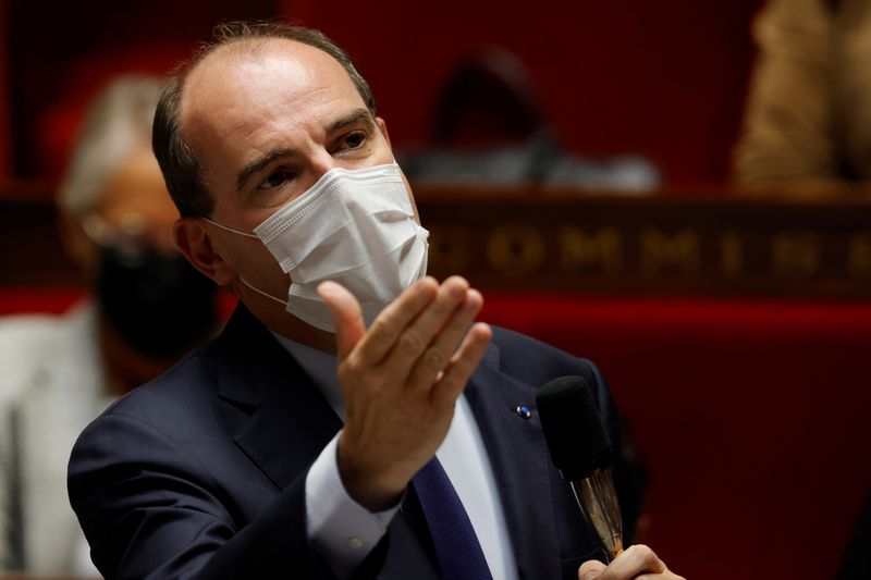&copy; Reuters. FILE PHOTO: French Prime Minister Jean Castex, wearing a protective face mask, gestures as he speaks during the questions to the government session at the National Assembly in Paris, France, June 22, 2021. REUTERS/Gonzalo Fuentes