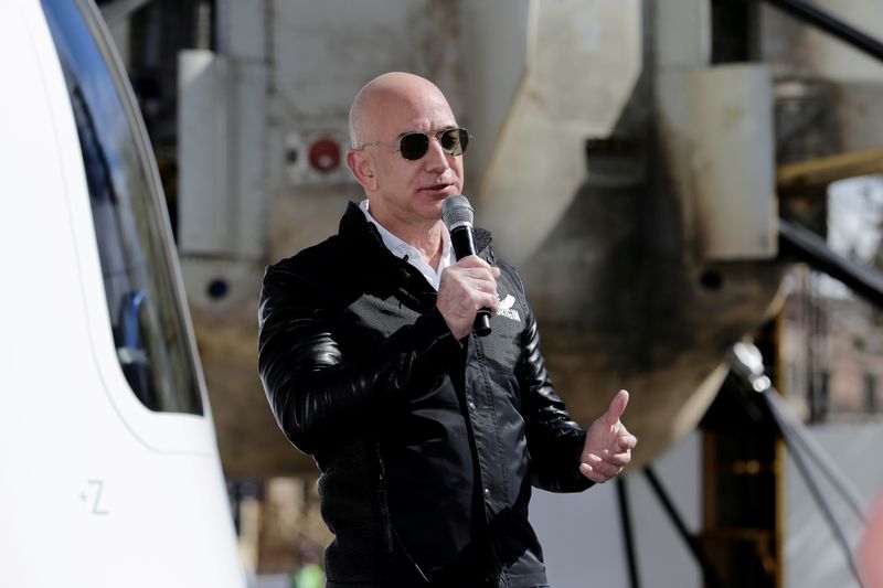 &copy; Reuters. FILE PHOTO: Amazon and Blue Origin founder Jeff Bezos addresses the media about the New Shepard rocket booster and Crew Capsule mockup at the 33rd Space Symposium in Colorado Springs, Colorado, United States April 5, 2017. REUTERS/Isaiah J. Downing/File P
