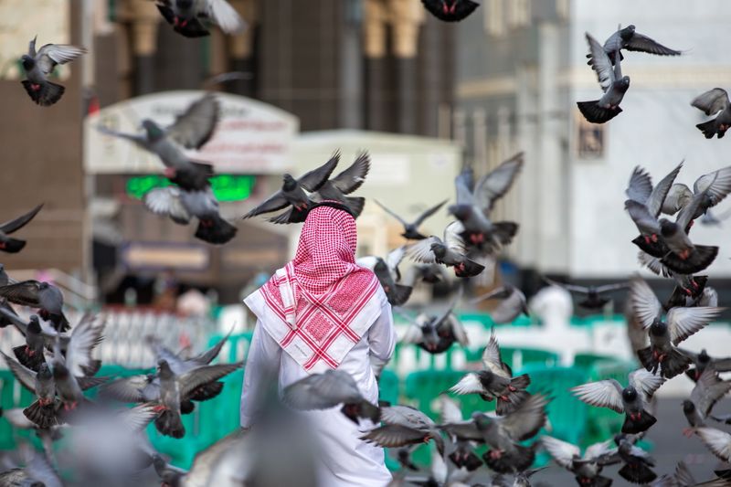 &copy; Reuters. Pigeons are seen flying as a man walks towards the Grand Mosque during the annual Haj pilgrimage, in the holy city of Mecca, Saudi Arabia, July 17, 2021. Saudi Ministry of Media/Handout via REUTERS 
