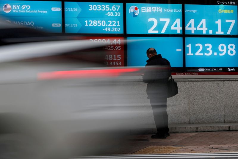 &copy; Reuters. FILE PHOTO: A man stands in front of a screen displaying Nikkei share average and the world's stock indexes outside a brokerage, amid the coronavirus disease (COVID-19) outbreak, in Tokyo, Japan December 30, 2020. REUTERS/Issei Kato//File Photo