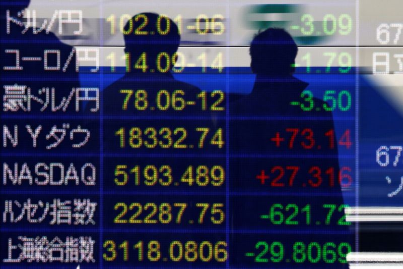 &copy; Reuters. Passersby are reflected in an electronic board showing exchange rates between (from top to bottom) the Japanese yen against the U.S. dollar, the euro, and Australian dollar, and market indices of Dow Jones, NASDAQ, Hang Seng Index and Shanghai Composite I