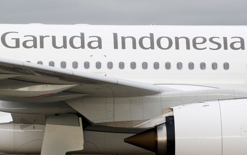 &copy; Reuters. FILE PHOTO: The logo of Garuda Indonesia is pictured on an Airbus A330 aircraft parked at the aircraft builder's headquarters of Airbus in Colomiers near Toulouse, France, November 15, 2019. REUTERS/Regis Duvignau