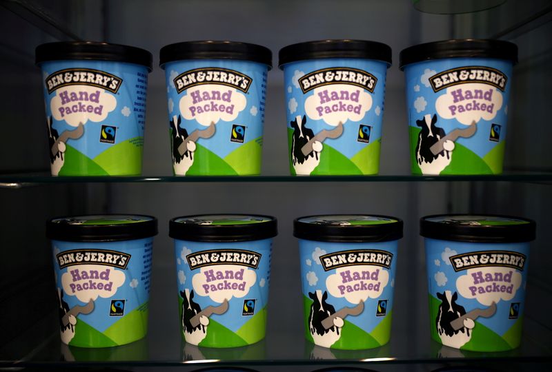 &copy; Reuters. FILE PHOTO: Tubs of Ben & Jerry's ice cream, a Unilever brand, are seen at their shop in London, Britain, October 5, 2020. REUTERS/Hannah McKay