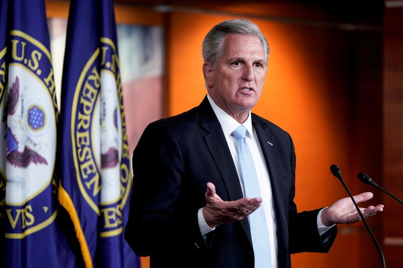 &copy; Reuters. FILE PHOTO: House Minority Leader Kevin McCarthy (R-CA) speaks to the media during a briefing on Capitol Hill in Washington, U.S., March 11, 2021.   REUTERS/Joshua Roberts/File Photo
