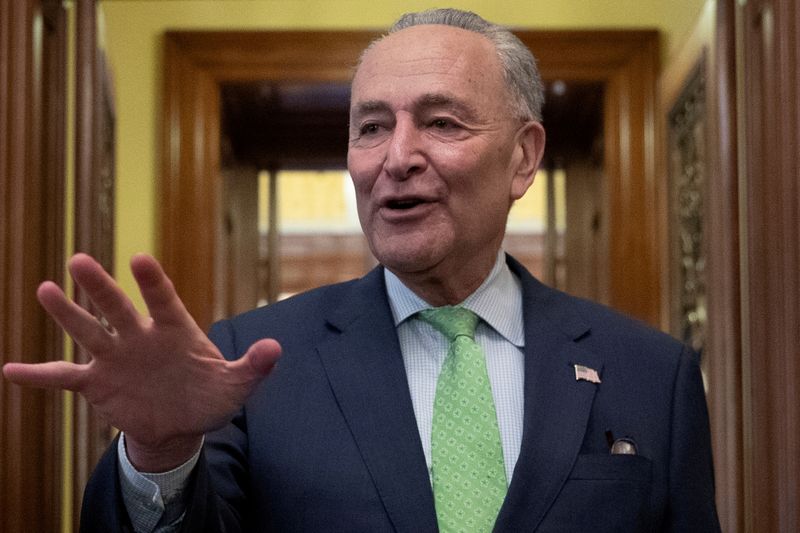 &copy; Reuters. FILE PHOTO: Senate Majority Leader Chuck Schumer (D-NY) speaks to news reporters following the announcement of a bipartisan deal on infrastructure, on Capitol Hill in Washington, U.S., June 24, 2021.  REUTERS/Tom Brenner/File Photo