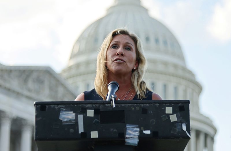 &copy; Reuters. Representative Marjorie Taylor Greene (R-GA) holds a press conference outside the U.S. Capitol following a private visit to the Holocaust Museum, to express contrition for previous remarks about Jewish people, in Washington, U.S. June 14, 2021. REUTERS/Ev