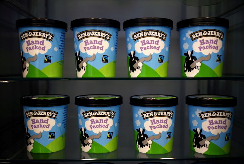 &copy; Reuters. FILE PHOTO: Tubs of Ben & Jerry's ice cream, a Unilever brand, are seen at their shop in London, Britain, October 5, 2020. REUTERS/Hannah McKay/File Photo