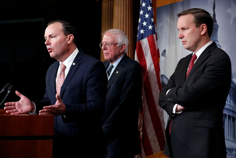 &copy; Reuters. FILE PHOTO: Senators Mike Lee (R-UT), Bernie Sanders (I-VT) and Chris Murphy (D-CT) speak after the senate voted on a resolution ending U.S. military support for the war in Yemen on Capitol Hill in Washington, U.S., December 13, 2018.      REUTERS/Joshua 