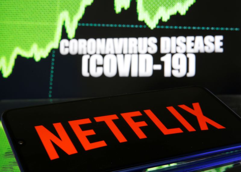 &copy; Reuters. Netflix logo is seen in front of diplayed coronavirus disease (COVID-19) in this illustration taken March 19, 2020. REUTERS/Dado Ruvic/Illustration