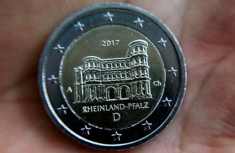 &copy; Reuters. FILE PHOTO: A newly designed 2-Euro coin is pictured during a presentation at the Chancellery in Berlin, Germany February 10, 2017. REUTERS/Hannibal Hanschke/File Photo