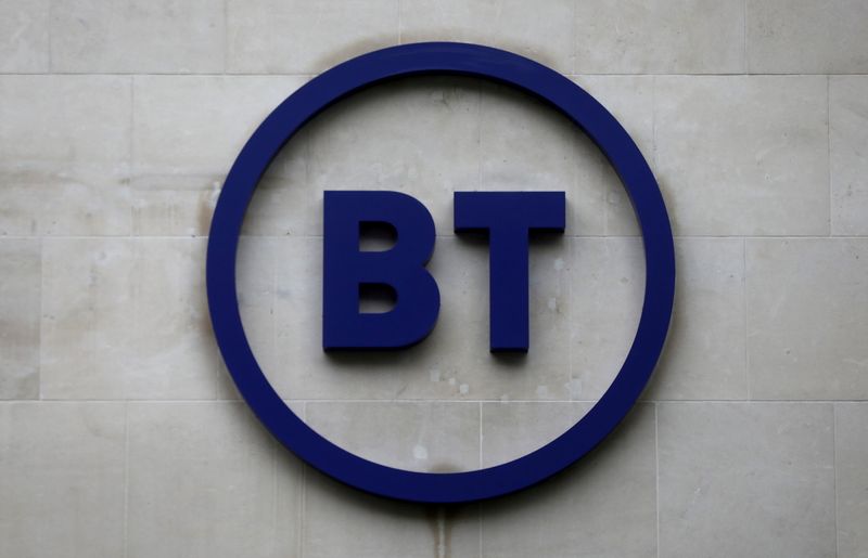 &copy; Reuters. FILE PHOTO: Company logo is displayed at British Telecom (BT) headquarters in London, Britain, November 15, 2019. REUTERS/Simon Dawson/File Photo