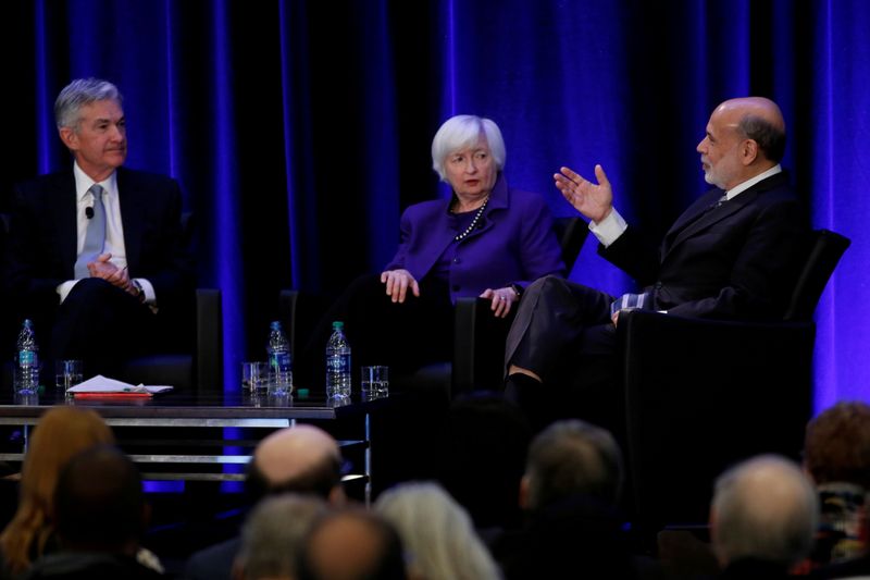 &copy; Reuters. FILE PHOTO: U.S. Federal Reserve Chair Jerome Powell and former Fed Chair Janet Yellen look on as former Fed Chairman Ben Bernanke speaks at the American Economic Association/Allied Social Science Association (ASSA) 2019 meeting in Atlanta, Georgia, U.S.,