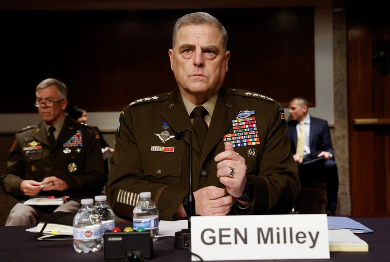 &copy; Reuters. الجنرال مارك ميلي رئيس هيئة الأركان المشتركة يتحدث أمام لجنة القوات المسلحة في مجلس الشيوخ الأمريكي. رويترز