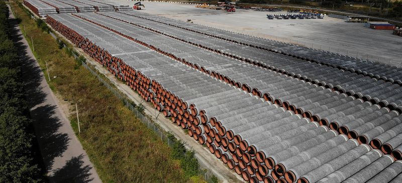 &copy; Reuters. Pipes for the Nord Stream 2 Baltic Sea pipeline are stored on a site at the port of Mukran in Sassnitz, Germany, September 10, 2020. Picture taken with a drone. REUTERS/Hannibal Hanschke