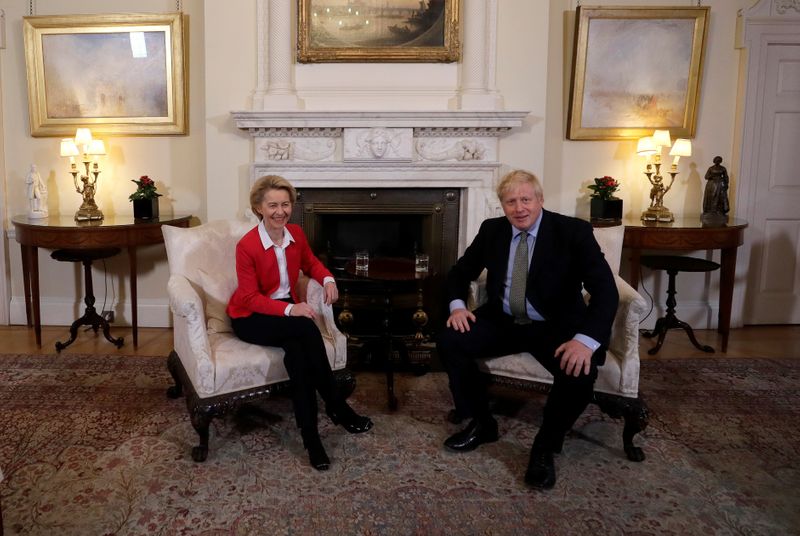 &copy; Reuters. FILE PHOTO: Britain's Prime Minister Boris Johnson meets with European Commission President Ursula von der Leyen inside 10 Downing Street in London, Britain January 8, 2020. Kirsty Wigglesworth/Pool via REUTERS