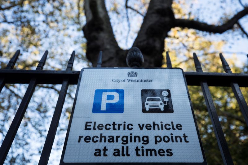 &copy; Reuters. FILE PHOTO:  A sign for electric charging points can be seen on display in London, Britain, October 19, 2018. REUTERS/Simon Dawson/File photo
