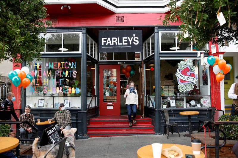 &copy; Reuters. FILE PHOTO: Guests enjoy live music and coffee outside as Farley's cafe marks its 32nd anniversary with bagpipes, Irish stew, and live music on St. Patrick's Day in San Francisco, California, U.S. March 17, 2021. REUTERS/Brittany Hosea-Small/File Photo