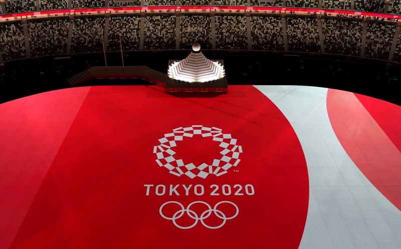 &copy; Reuters. Tokyo 2020 Olympics - The Tokyo 2020 Olympics Opening Ceremony - Olympic Stadium, Tokyo, Japan - July 23, 2021. The logo of Tokyo 2020 Olympics is seen during the opening ceremony REUTERS/Athit Perawongmetha