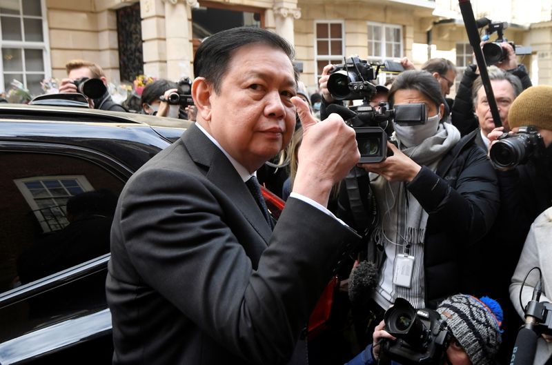 &copy; Reuters. FILE PHOTO: Myanmar's ambassador Kyaw Zwar Minn gestures outside the Myanmar Embassy, after he was locked out of the embassy, and sources said his deputy had shut him out of the building and taken charge on behalf of the military, in London, Britain, Apri