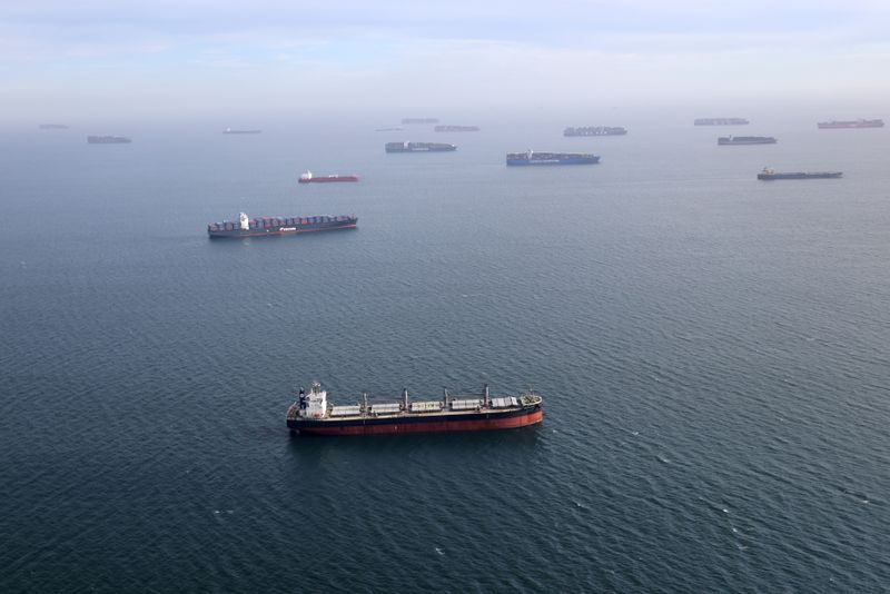 © Reuters. FILE PHOTO: Container ships and oil tankers wait in the ocean outside the Port of Long Beach-Port of Los Angeles complex, amid the coronavirus disease (COVID-19) pandemic, in Los Angeles, California, U.S., April 7, 2021. REUTERS/Lucy Nicholson/File Photo