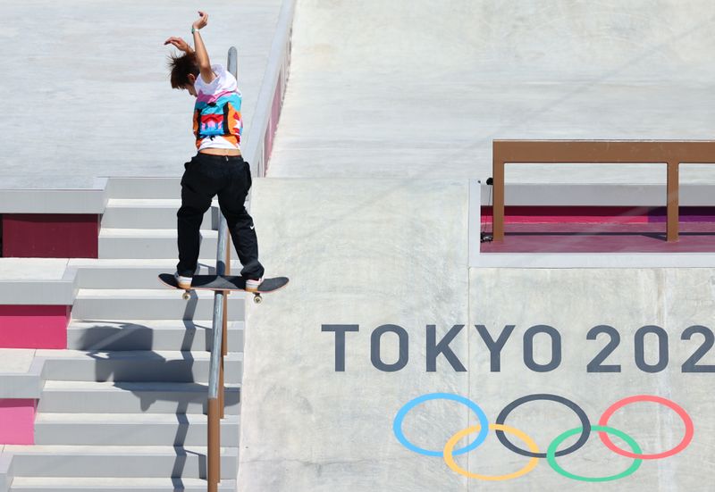 Olympics-Japan wins skateboarding's maiden gold, Tunisian swimmer stuns superpowers