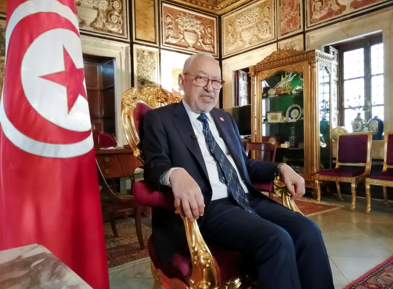 &copy; Reuters. رئيس البرلمان التونسي راشد الغنوشي يتحدث خلال مقابلة مع رويترز في مكتبه بتونس يوم التاسع من مارس آذار 2021 - رويترز