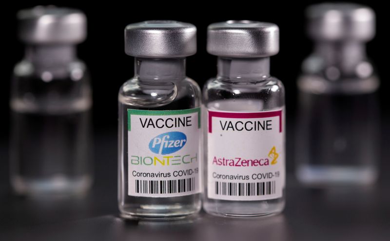 &copy; Reuters.   ７月２６日、新型コロナウイルスワクチンに関する韓国の調査によると、１回目に英アストラゼネカのワクチンを接種し、２回目に米ファイザーのワクチンを接種した場合、中和抗体のレ