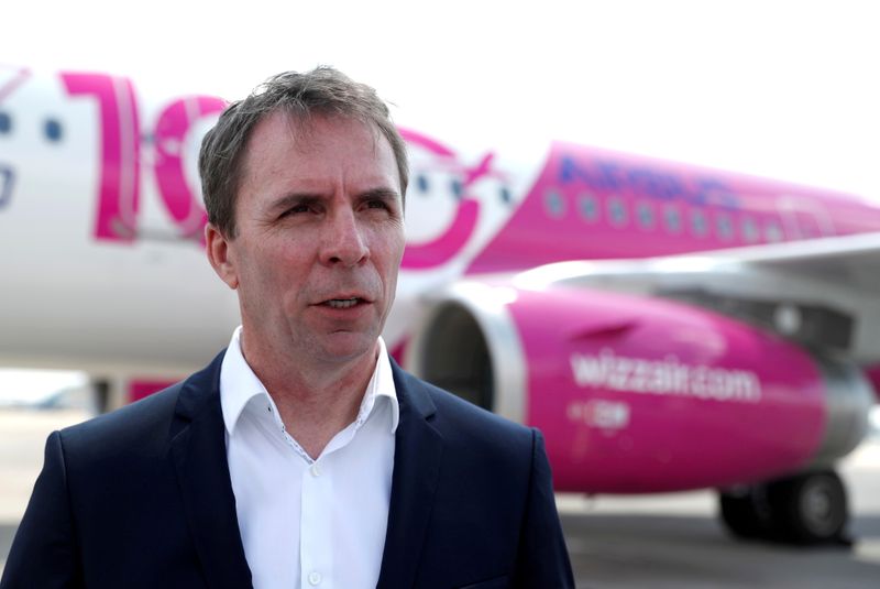 &copy; Reuters. FILE PHOTO: CEO of Wizz Air, Jozsef Varadi, speaks during the unveiling ceremony for the 100th plane in its fleet, at Budapest Airport, Hungary, June 4, 2018. REUTERS/Bernadett Szabo/File Photo