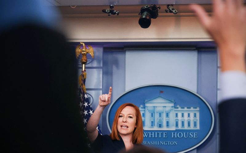 &copy; Reuters. FILE PHOTO: U.S. Press Secretary Jen Psaki holds a media briefing at the White House in Washington, U.S., July 23, 2021. REUTERS/Evelyn Hockstein/File Photo