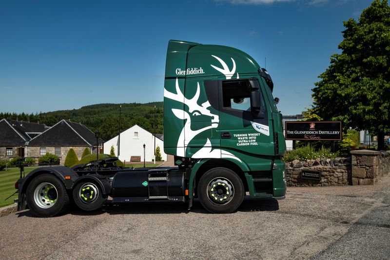 &copy; Reuters. View of the Glenfiddich truck, that runs on whiskey-by-product based biogas, in Dufftown, Scotland, Britain in this undated handout obtained July 26, 2021. Courtesy of William Grant & Sons/Handout via REUTERS 