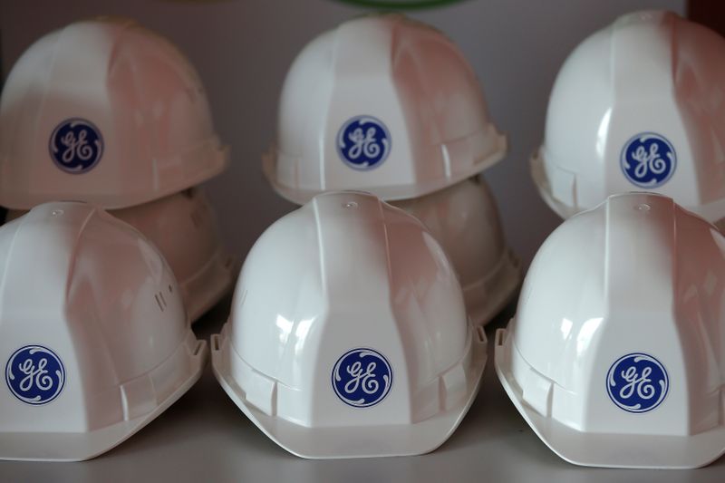 &copy; Reuters. The General Electric logo is pictured on working helmets during a visit at the General Electric offshore wind turbine plant in Montoir-de-Bretagne, near Saint-Nazaire, western France, November 21, 2016. REUTERS/Stephane Mahe