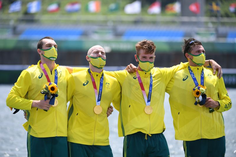&copy; Reuters. Tokyo 2020 Olympics - Rowing - Men's Four - Medal Ceremony - Sea Forest Waterway, Tokyo, Japan - July 28, 2021. Gold medallists Alexander Purnell of Australia, Spencer Turrin of Australia, Jack Hargreaves of Australia and Alexander Hill of Australia in ac